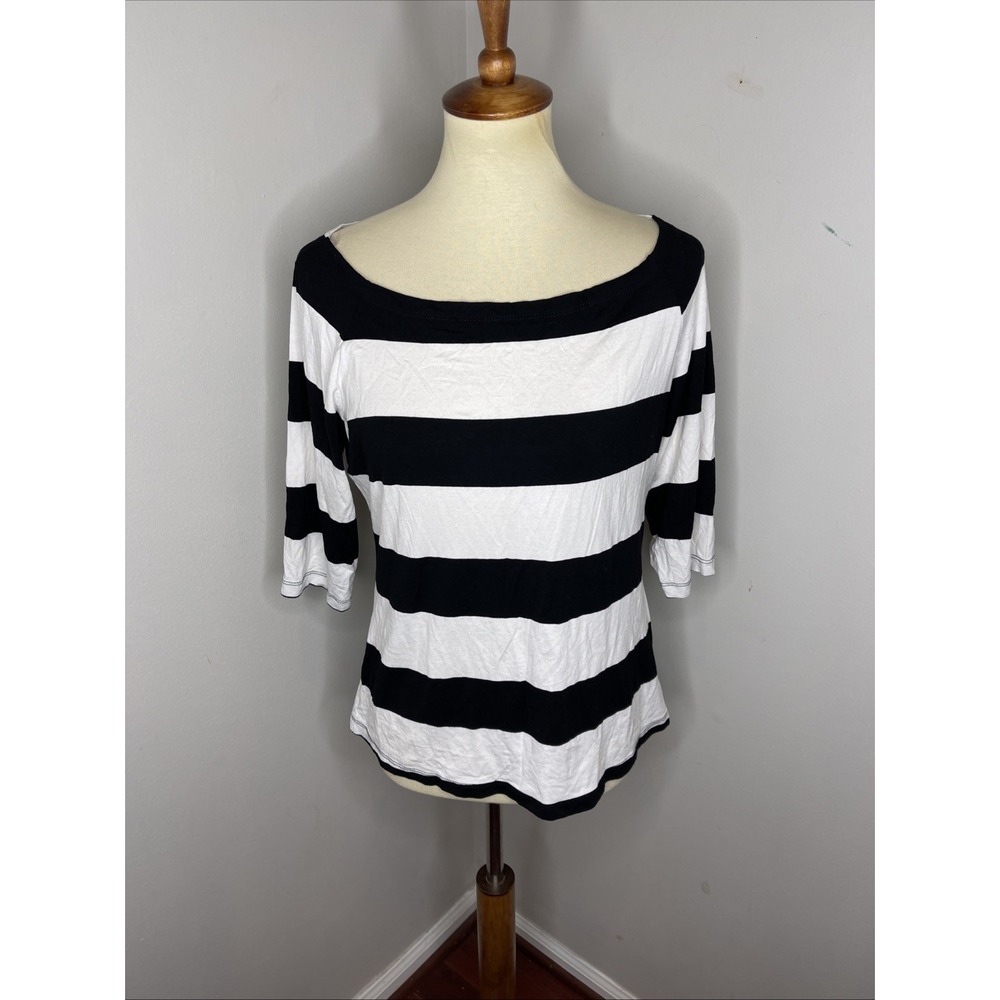 Womens Alembika Black White Stripe‎ Viscose Lycra Short Sleeve Tshirt Sz 5